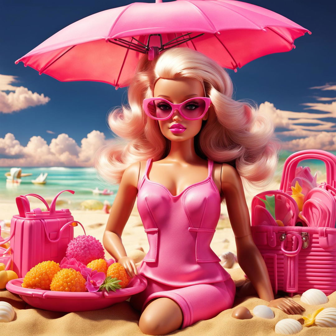 Classic Barbie with a high ponytail in a pink bikini at a sunny beach with a Barbie pink aesthetic.