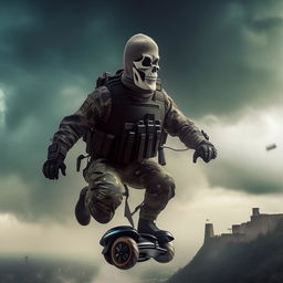 A rifle-armed kidnapper donned in a skeleton face mask and a standard bullet-proof vest, soaring in the sky on a hover-board.