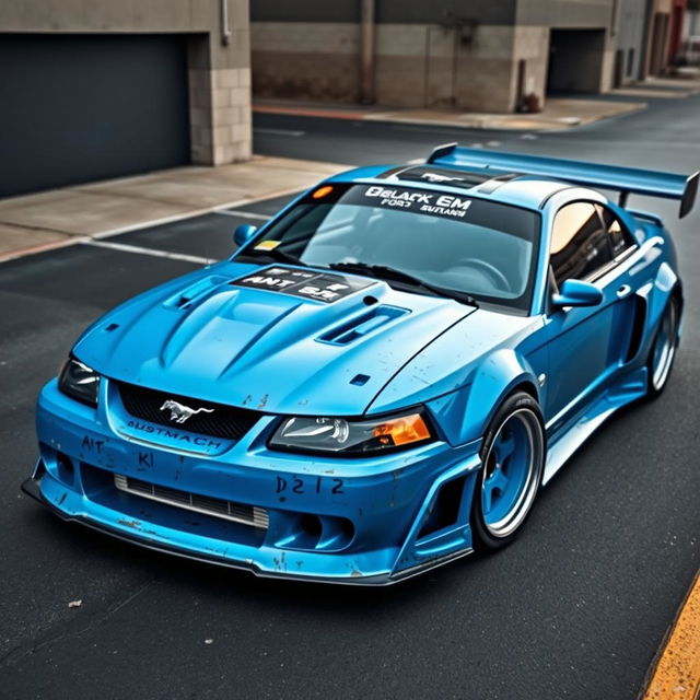 A blue 2001 Ford Mustang drift car, showcasing an aggressive widebody kit, a large rear spoiler, and featuring scratched paint with mismatched body panels in various colors