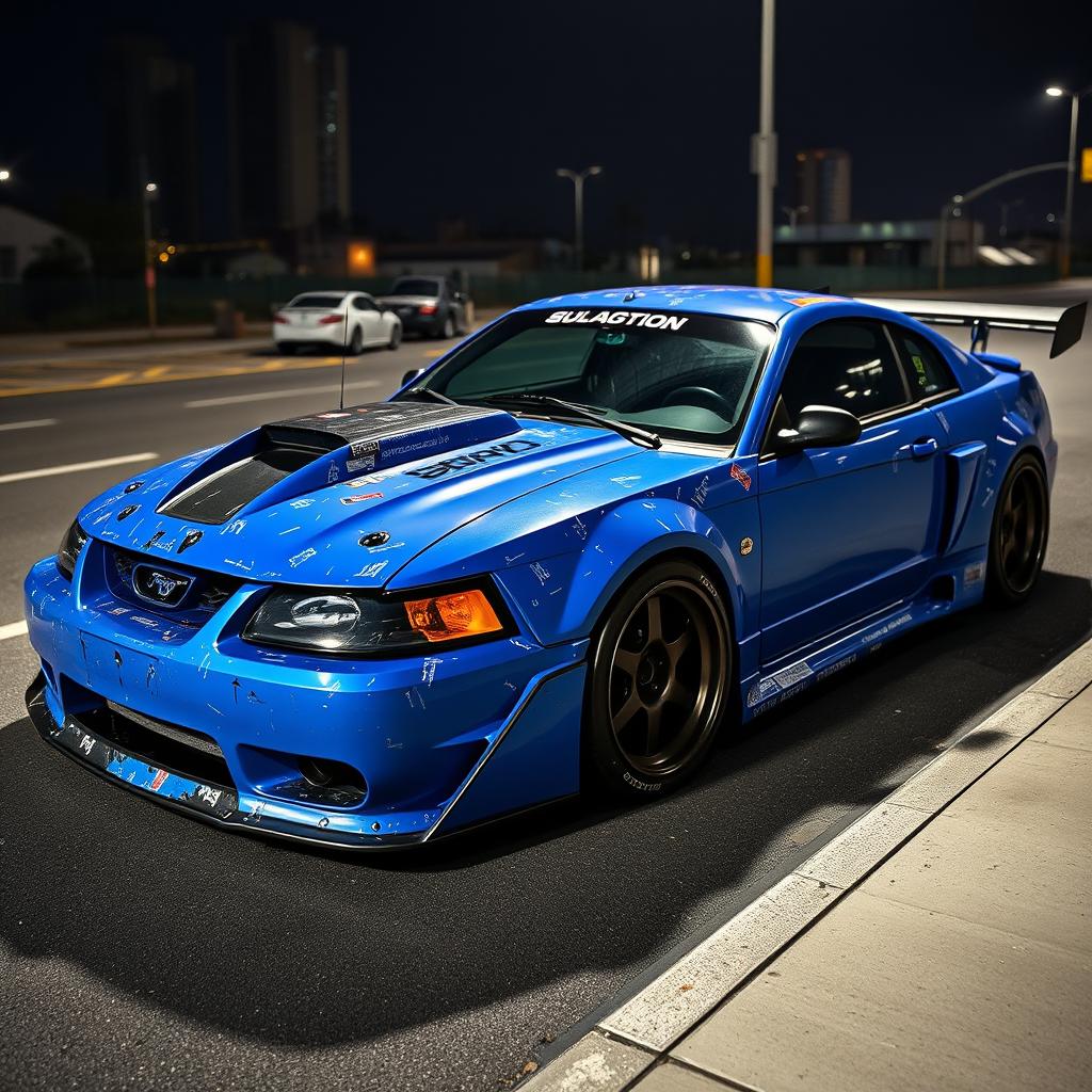 A blue 2001 Ford Mustang drift car, showcasing an aggressive widebody kit, a large rear spoiler, and featuring scratched paint with mismatched body panels in various colors