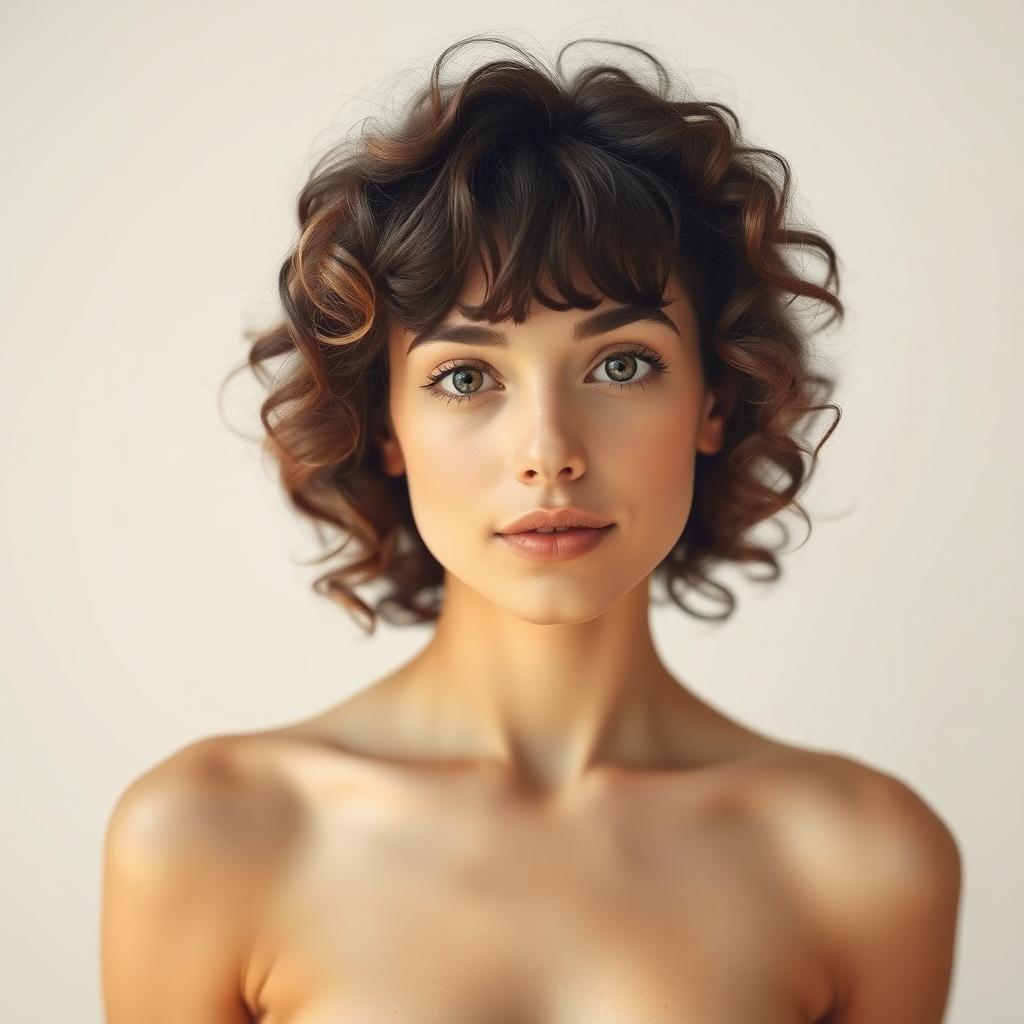 A realistic, full frontal nude depiction of a cute woman with curly hair and light bangs