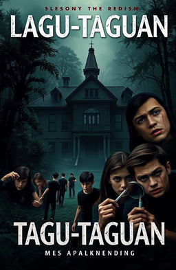 A dark and atmospheric book cover featuring a large, old mansion looming in a dense, eerie forest