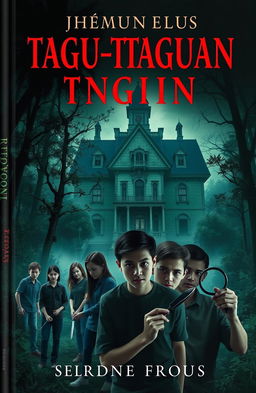 A dark and atmospheric book cover featuring a large, old mansion looming in a dense, eerie forest
