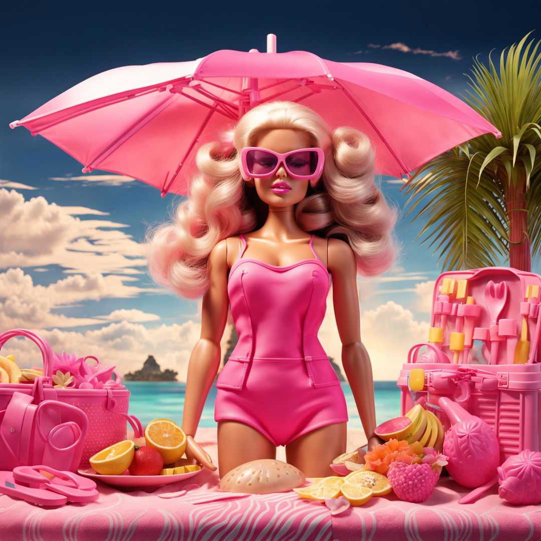 Classic Barbie standing with a high ponytail in a pink bikini at a sunny beach with a Barbie pink aesthetic.