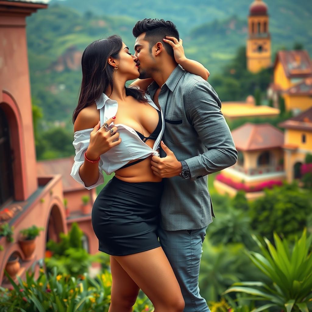 A seductive woman resembling Nushrath Bharucha, elegantly dressed in a stylish short skirt and bold red lipstick, is in an enchanting setting in Venezuela