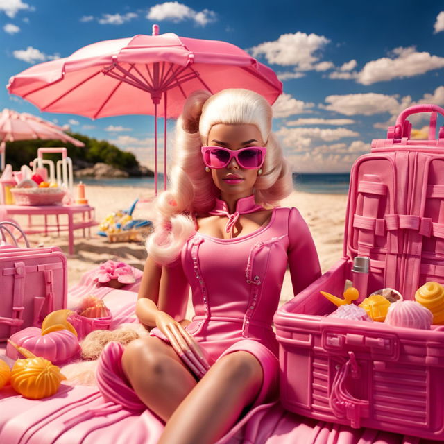 Real-life Barbie standing with a high ponytail in a pink bikini at a sunny beach with a Barbie pink aesthetic.