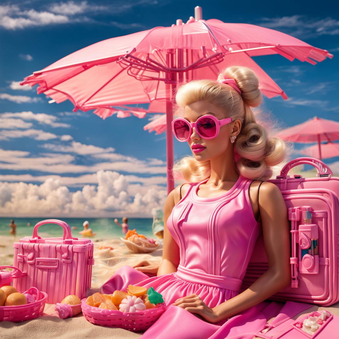 Real-life Barbie standing with a high ponytail in a pink bikini at a sunny beach with a Barbie pink aesthetic.