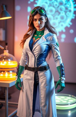 A female superhero dressed in a sleek, modern costume that incorporates scientific elements, symbolizing her role as a microbiologist