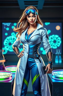 A female superhero dressed in a sleek, modern costume that incorporates scientific elements, symbolizing her role as a microbiologist