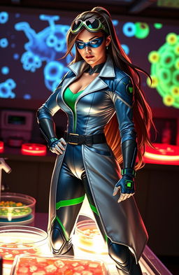 A female superhero dressed in a sleek, modern costume that incorporates scientific elements, symbolizing her role as a microbiologist