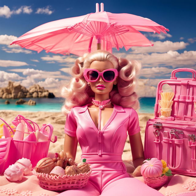 Real-life Barbie standing with a high ponytail in a pink bikini at a sunny beach with a Barbie pink aesthetic.