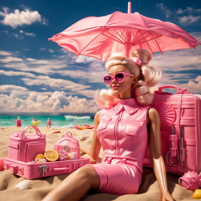 Real-life Barbie standing with a high ponytail in a pink bikini at a sunny beach with a Barbie pink aesthetic.