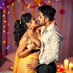 A seductive woman resembling Nushrath Bharucha, elegantly dressed in a stylish short skirt and striking red lipstick, is in a romantic setting celebrating Karwa Chauth