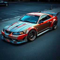 A 2001 Ford Mustang rat rod, designed with an aggressive widebody kit and a large rear spoiler
