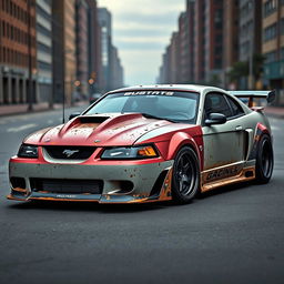 A 2001 Ford Mustang rat rod, designed with an aggressive widebody kit and a large rear spoiler