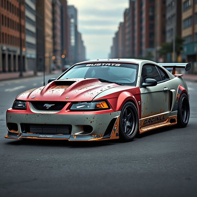 A 2001 Ford Mustang rat rod, designed with an aggressive widebody kit and a large rear spoiler