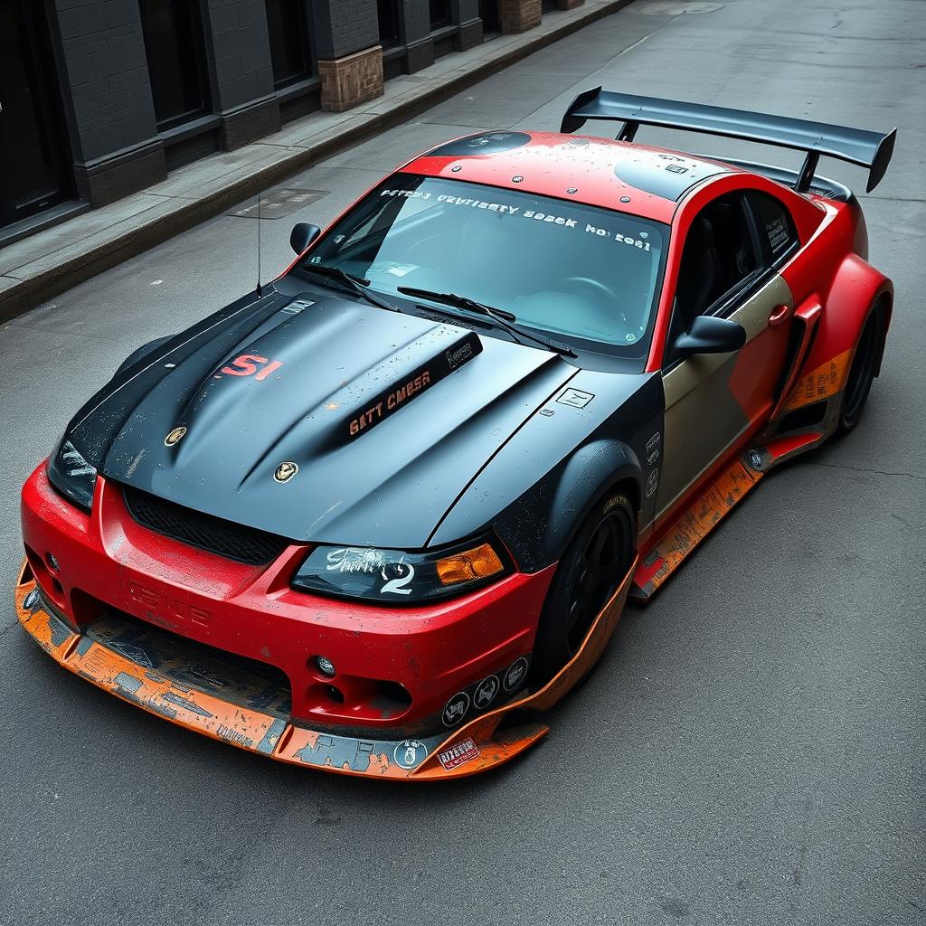 A 2001 Ford Mustang rat rod, designed with an aggressive widebody kit and a large rear spoiler