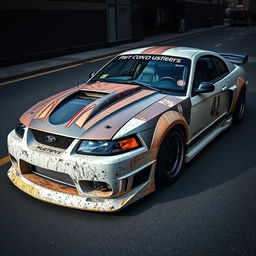 A 2001 Ford Mustang rat rod, designed with an aggressive widebody kit and a large rear spoiler