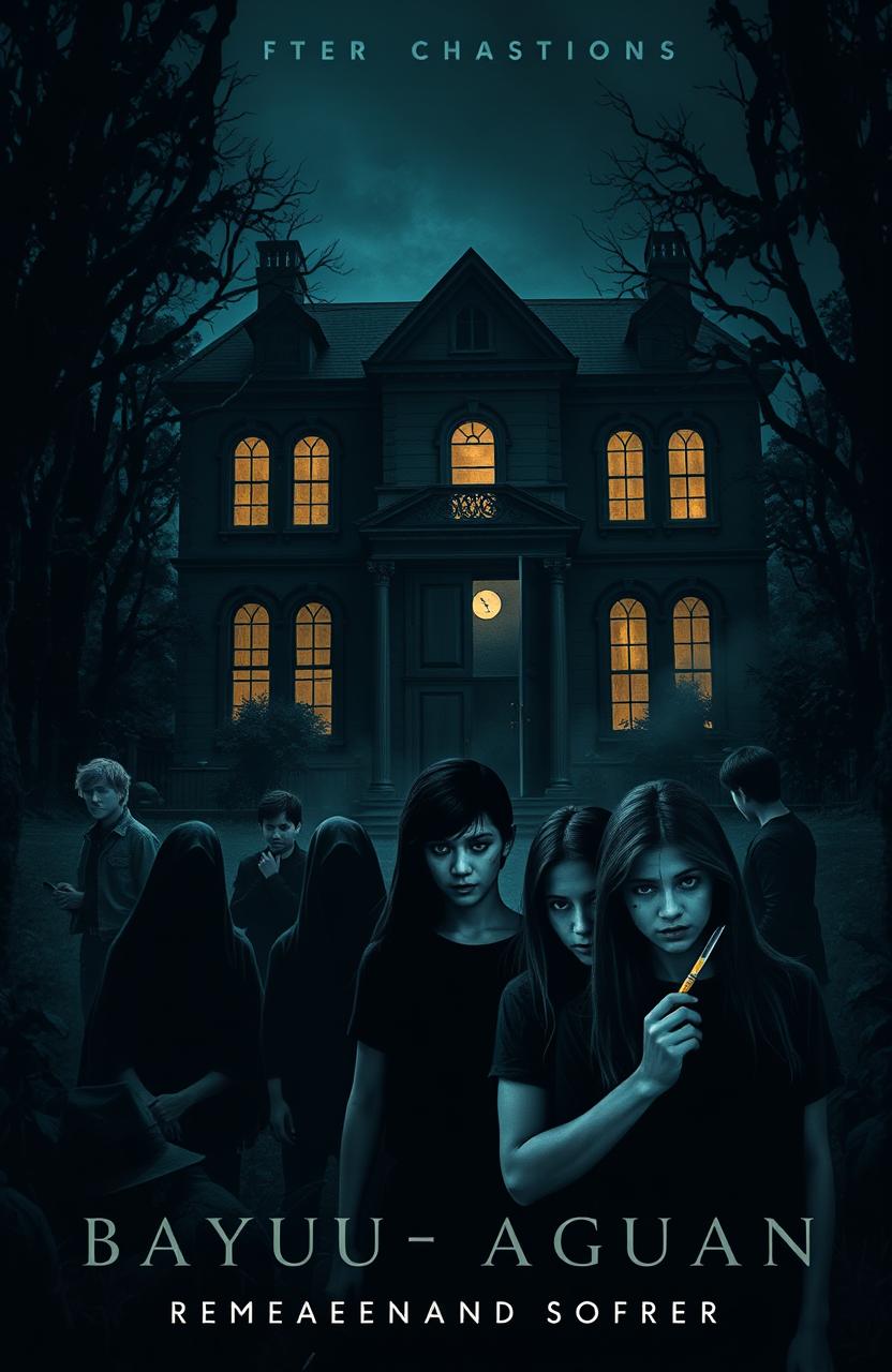 A spooky book cover featuring a large, dark, old mansion nestled deep in a dense, eerie forest