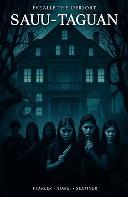 A spooky book cover featuring a large, dark, old mansion nestled deep in a dense, eerie forest
