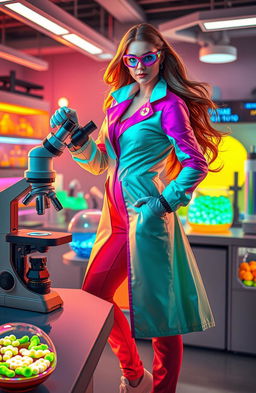 A striking image of a female superhero dressed in a vibrant, high-tech scientist suit, with a lab coat that has bioluminescent patterns