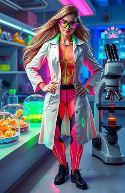 A striking image of a female superhero dressed in a vibrant, high-tech scientist suit, with a lab coat that has bioluminescent patterns