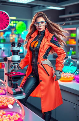 A striking image of a female superhero dressed in a vibrant, high-tech scientist suit, with a lab coat that has bioluminescent patterns