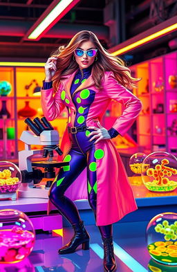 A striking image of a female superhero dressed in a vibrant, high-tech scientist suit, with a lab coat that has bioluminescent patterns