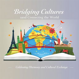 A captivating book cover titled 'Bridging Cultures and Connecting the World', visually representing the theme of global unity and diversity