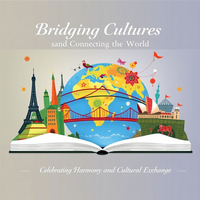 A captivating book cover titled 'Bridging Cultures and Connecting the World', visually representing the theme of global unity and diversity