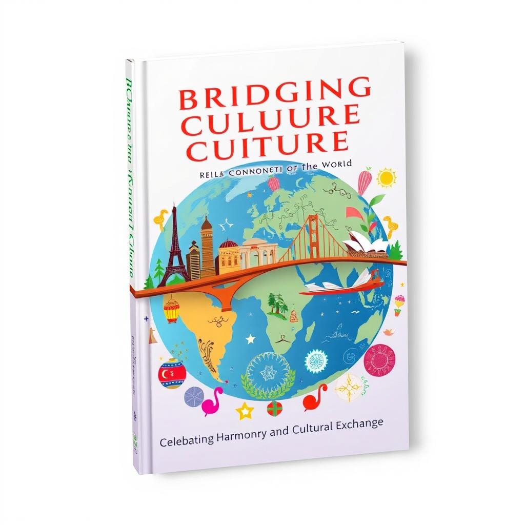 A captivating book cover titled 'Bridging Cultures and Connecting the World', visually representing the theme of global unity and diversity