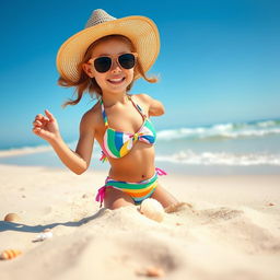 A sunny beach scene featuring a young girl in a vibrant, colorful bikini