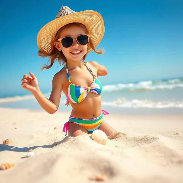 A sunny beach scene featuring a young girl in a vibrant, colorful bikini