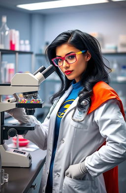 A superhero female doctor with striking black hair, wearing a vibrant superhero costume, stands confidently in a laboratory