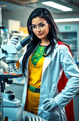 A superhero female doctor with striking black hair, wearing a vibrant superhero costume, stands confidently in a laboratory