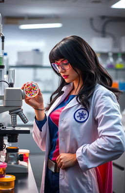 A superhero female doctor with striking black hair, wearing a vibrant superhero costume, stands confidently in a laboratory