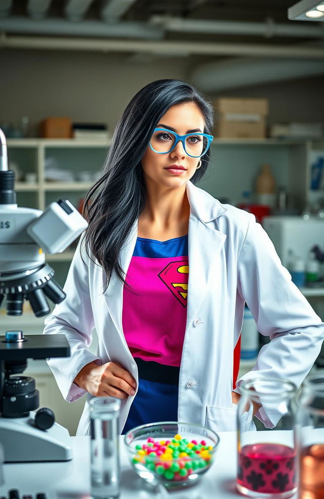 A superhero female doctor with striking black hair, wearing a vibrant superhero costume, stands confidently in a laboratory