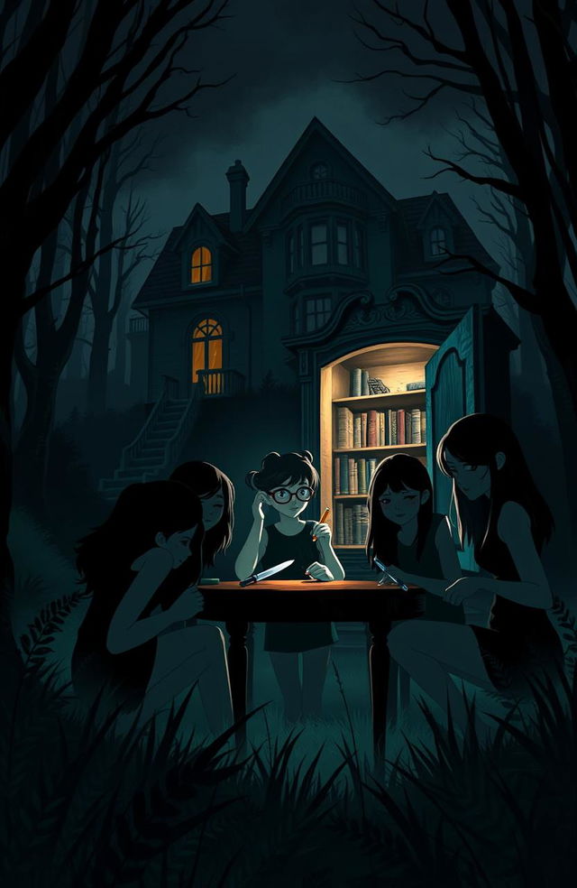 A spooky book cover depicting a large, old mansion nestled in a dark forest, with an eerie ambiance