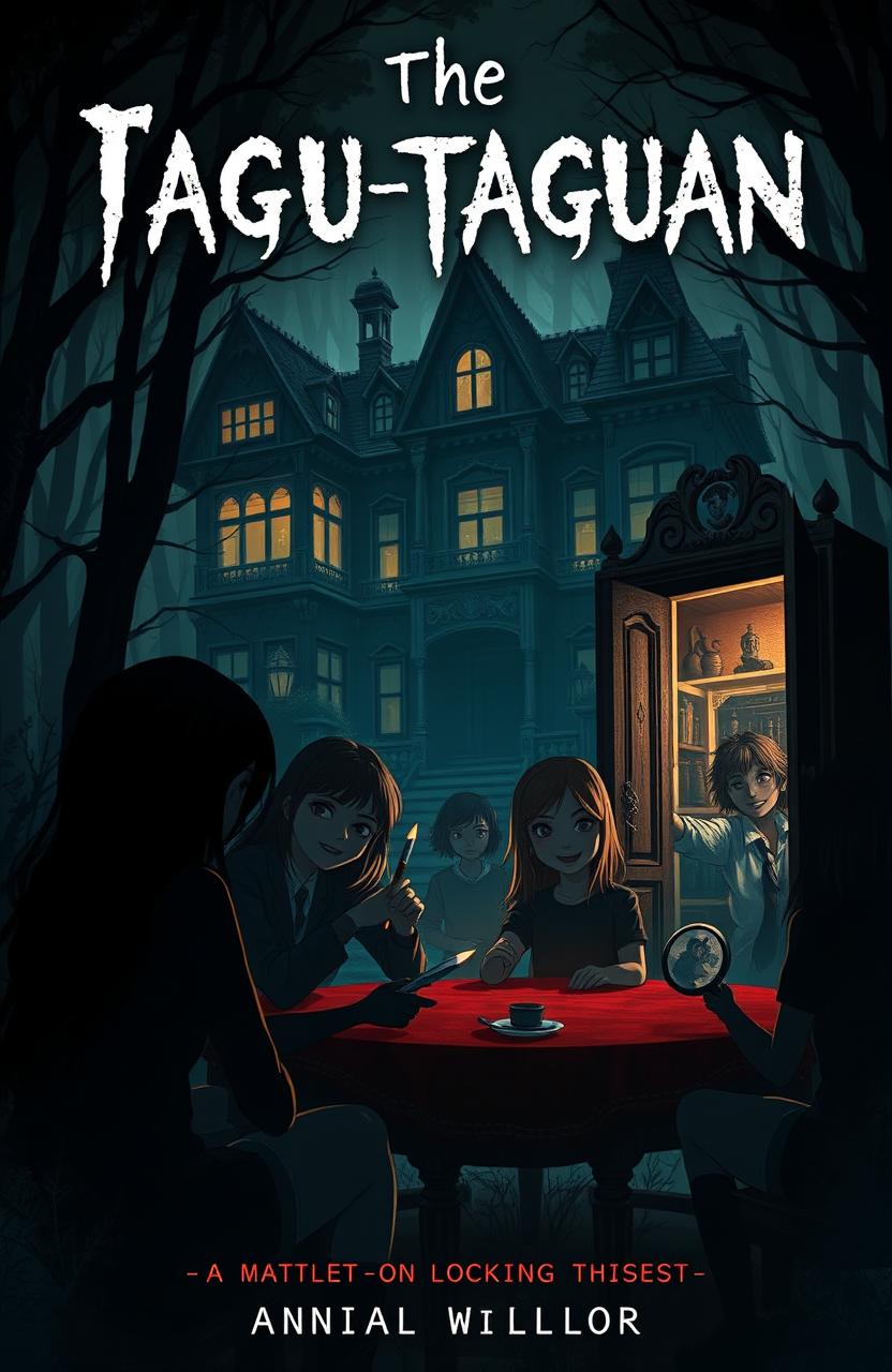 A spooky book cover depicting a large, old mansion nestled in a dark forest, with an eerie ambiance