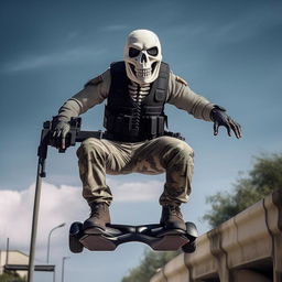 A rifle-armed kidnapper donned in a skeleton face mask and a standard bullet-proof vest, soaring in the sky on a hover-board.