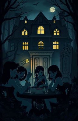 A spooky book cover depicting a large, old mansion nestled in a dark forest, with an eerie ambiance
