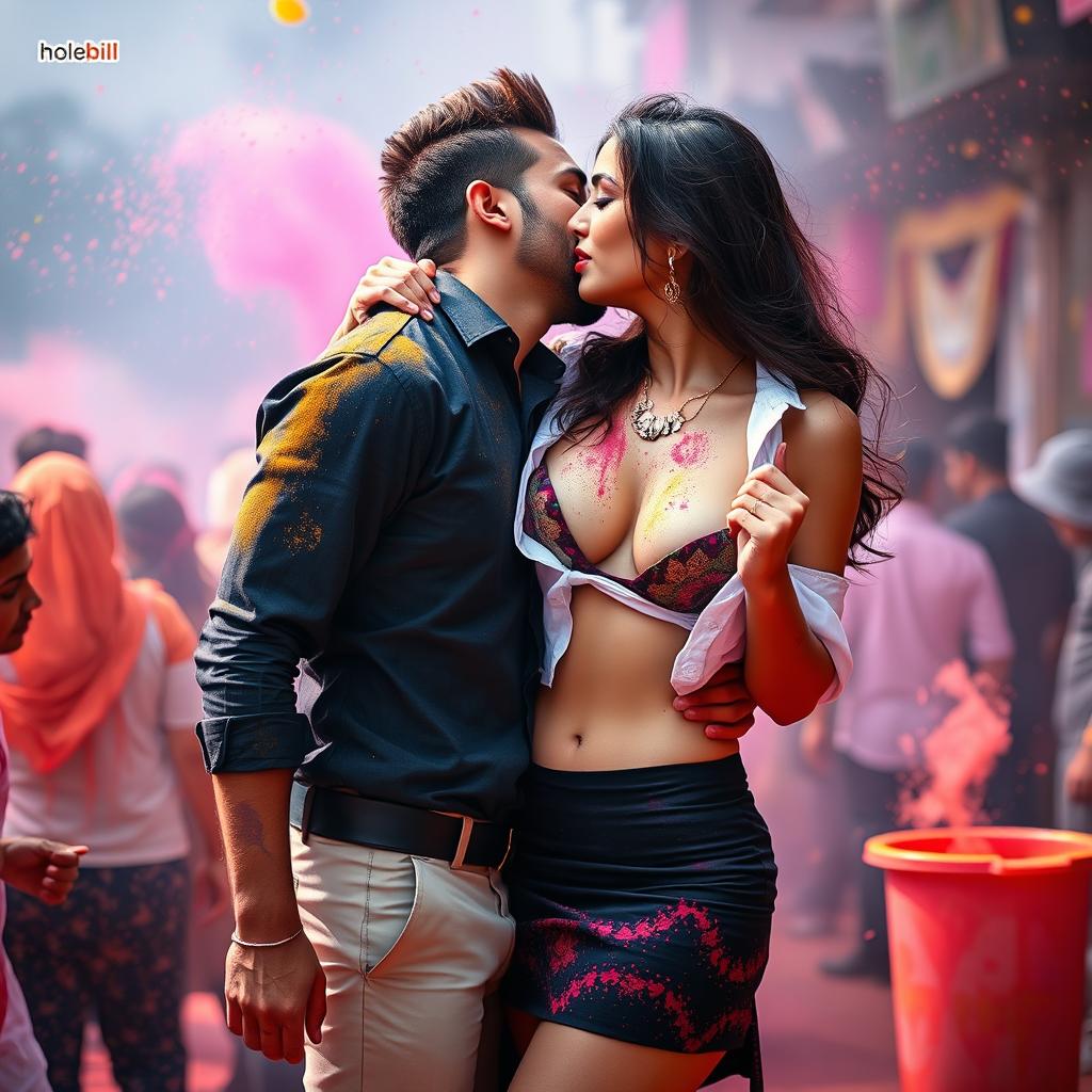 A seductive woman resembling Nushrath Bharucha, elegantly dressed in a stylish short skirt and striking red lipstick, is in a lively setting celebrating Holi