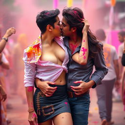 A seductive woman resembling Nushrath Bharucha, elegantly dressed in a stylish short skirt and striking red lipstick, is in a lively setting celebrating Holi