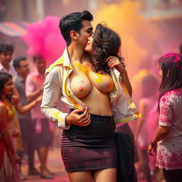 A seductive woman resembling Nushrath Bharucha, elegantly dressed in a stylish short skirt and striking red lipstick, is in a lively setting celebrating Holi