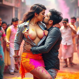 A seductive woman resembling Nushrath Bharucha, stylishly dressed in a short skirt and bold red lipstick, is in a lively Holi celebration
