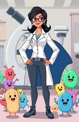 A cartoon illustration of a superhero lady doctor with black hair, wearing a white lab coat and a superhero cape