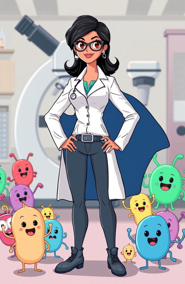 A cartoon illustration of a superhero lady doctor with black hair, wearing a white lab coat and a superhero cape