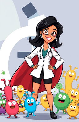 A cartoon illustration of a superhero lady doctor with black hair, wearing a white lab coat and a superhero cape