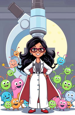 A cartoon illustration of a superhero lady doctor with black hair, wearing a white lab coat and a superhero cape