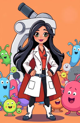 A cartoon illustration of a superhero lady doctor with black hair, wearing a white lab coat and a superhero cape